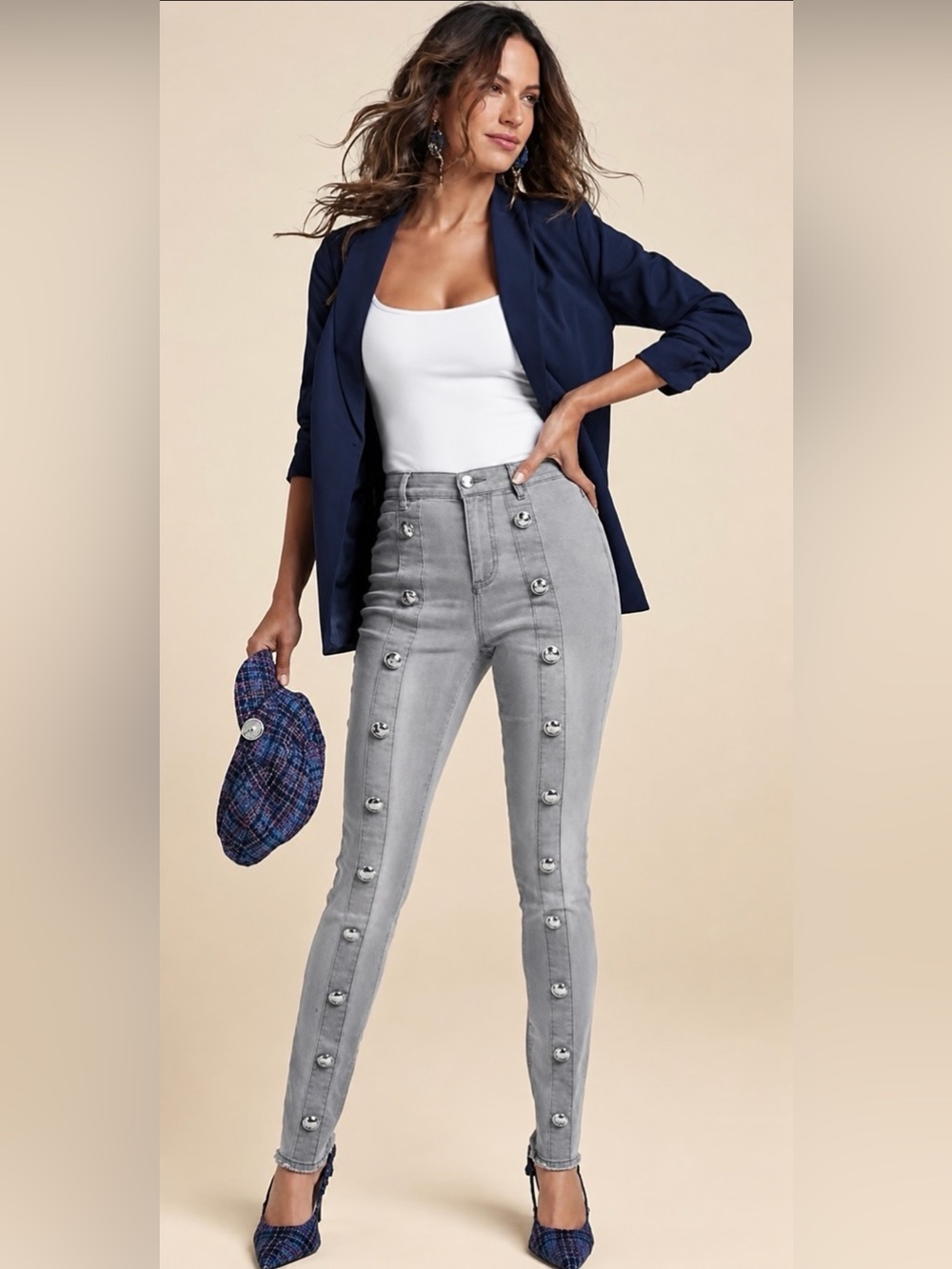 VENUS Gray Denim High-Rise Sexy Buttons Detail Skinny Jeans NWOTs